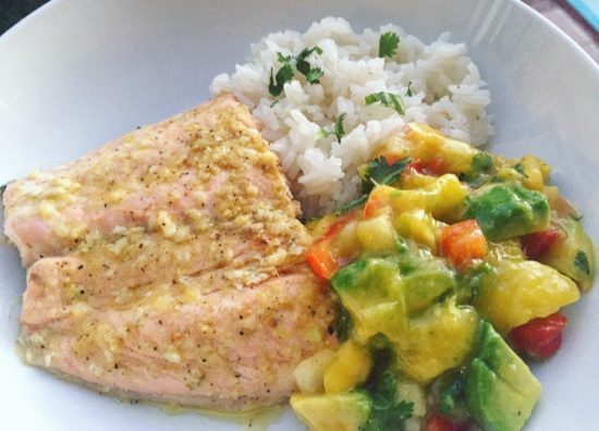 Grilled Ginger Lime Salmon with Avocado Mango Salsa and Coconut Rice